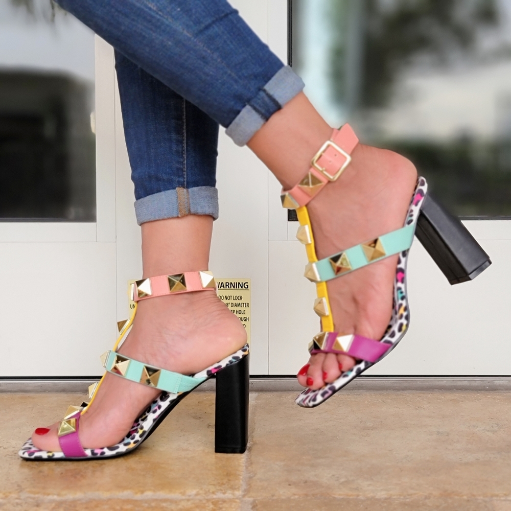 Colorful Studded Block Heel Sandals